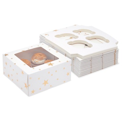 Blue Panda 15 Pack White Gold Star Cupcake Boxes with Window and 4-Count Inserts for Packaging