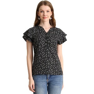 Allegra K Women's Summer V Neck Cap Short Sleeve Button Floral Print Shirt - 1 of 4