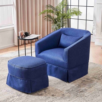 CAVINAS Linen Swivel Barrel Accent Chair with High Backrest and Ottoman,Upholstered Swivel Living Room Chairs,Reading Chairs for Living Room