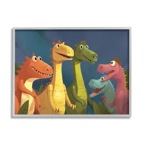 Happy Dinosaur Friends on Wood by Wumples Print Stupell Industries Format: Gray Framed, Size: 24 H x 30 W x 1.5 D