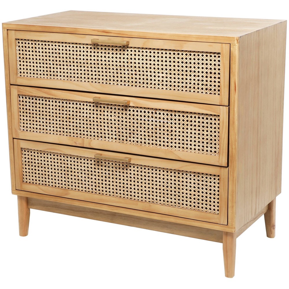 Olivia & May 32" Wood Cabinet: Rattan Cane Drawers, Gold Accents, No Assembly Required