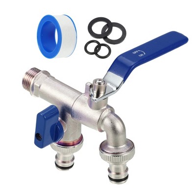Unique Bargains Double Valve Water Tap for Home Outdoor Garden Tool Blue 1 Set