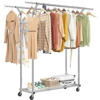 Simple Trending Heavy Duty Double Rod Clothes Rack Load 400 LBS, Metal Commercial Garment Rack, Standing Rolling Clothing Rack, Chrome