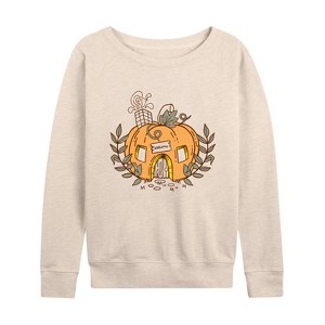 Women's - Instant Message - Pumpkin Cottage Lightweight French Terry Wide Neck Long Sleeve Shirt - 1 of 4