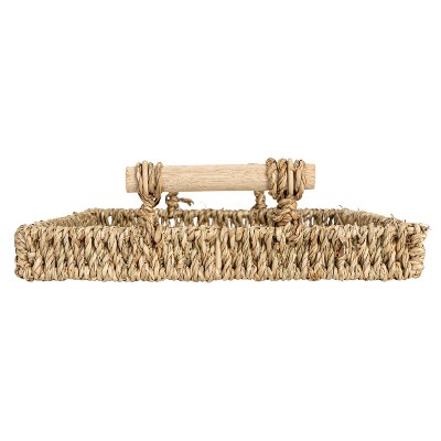 Natural Seagrass and Wood Rectangular Serving Tray Set with Handles