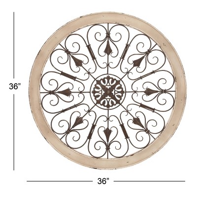 White Distressed Wood and Iron Scroll Wall Decor, 36" Round