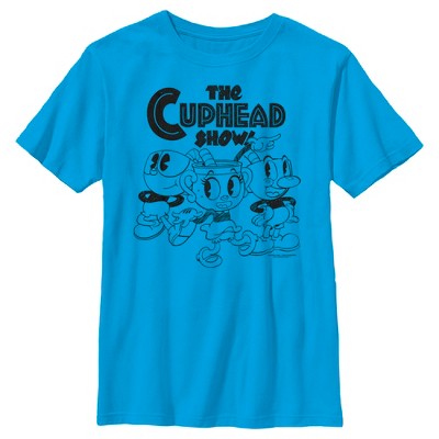 Boy's The Cuphead Show! Mugman Ms. Chalice and Cuphead Outlines T-Shirt