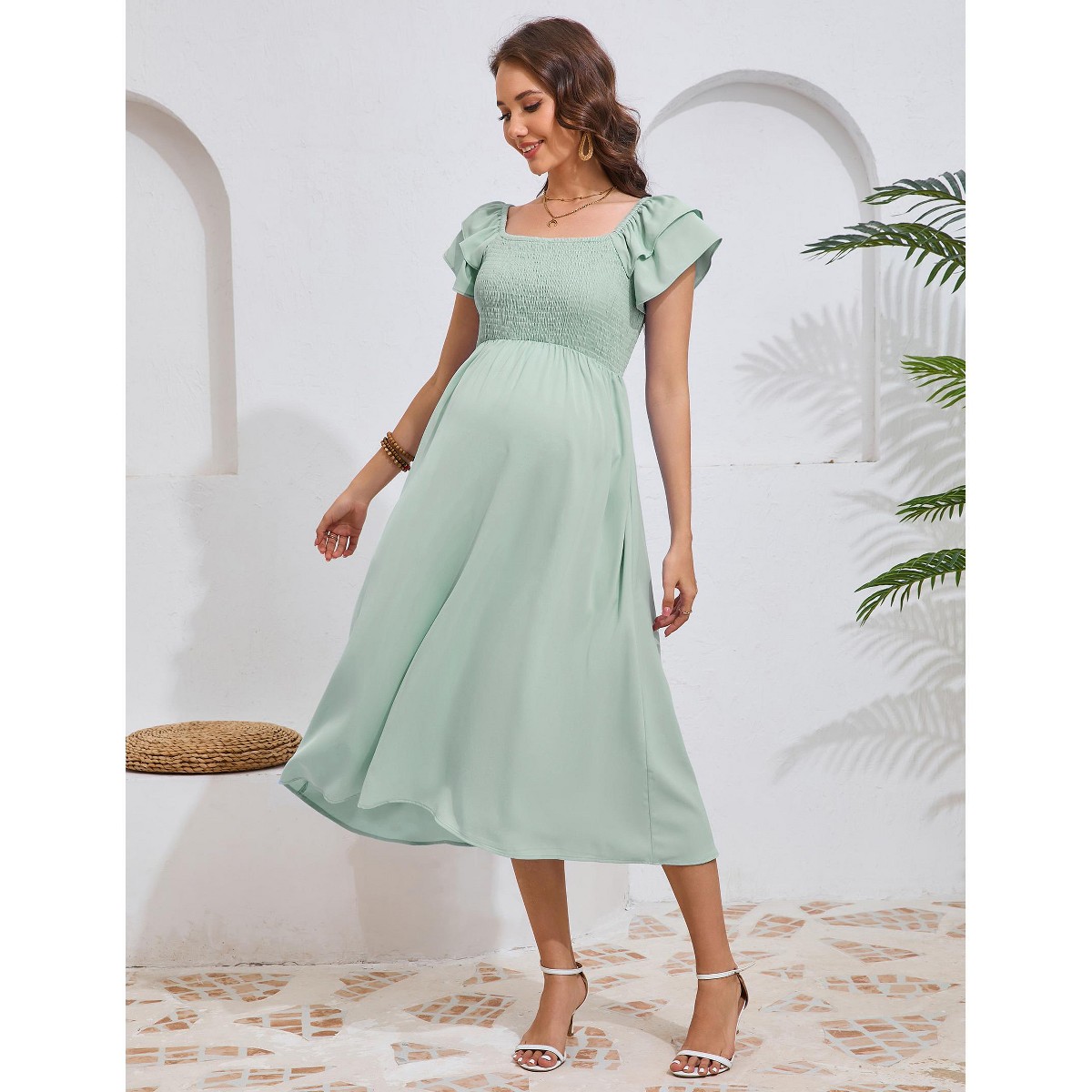 maternity summer casual dresses Lutiedan Womens Maternity Short Sleeve Ruffle Dress V Neck Summer Casual  Midi Dress Loose Fit Smocked Flowy Dress for Baby Shower Photoshoot