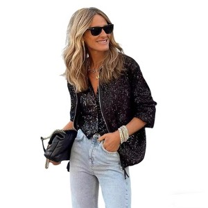 Women's Sequin Bomber Jacket Short Zip-Up Party Casual Outerwear - 1 of 4