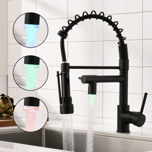 Yukimo LED Commercial Kitchen Faucet with Pull Down Sprayer, Single Handle High-Arc Gooseneck Sink Faucet, Black - 1 of 4