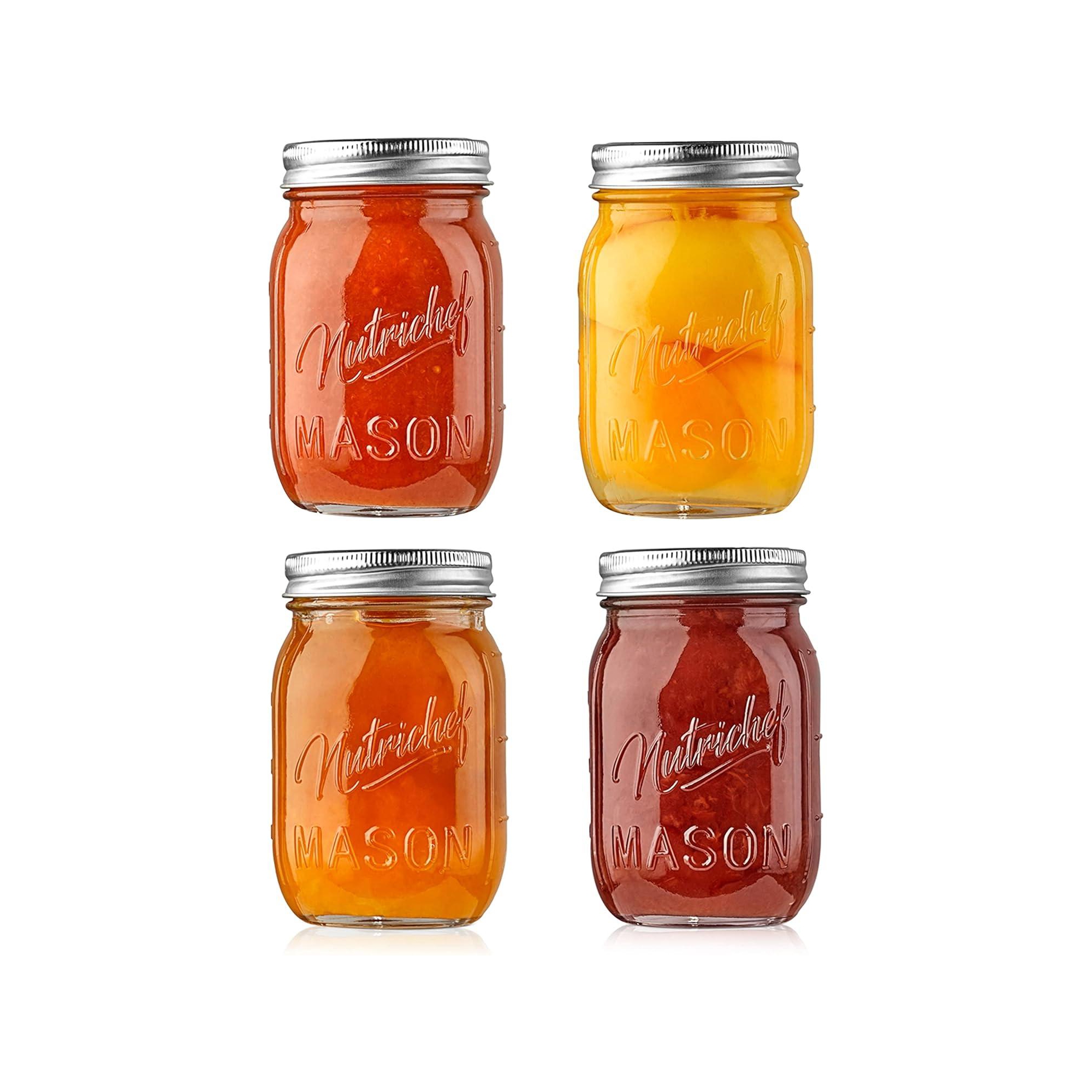 NutriChef 4 Pcs. Glass Mason Jars with Regular Lids and Bands, DIY Magnetic Spice Jars, Ideal for Meal Prep, Jam, Honey, Wedding Favors, and more