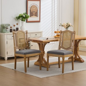 Racxily Set of 2 Solid Wood Dining Chairs, Rattan Back with Linen Cushion for Rustic Style Dining Room - 1 of 4