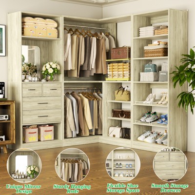 AheaplusCloset System with Mirror and Drawers, Wardrobe Organizer with Hanging Rods