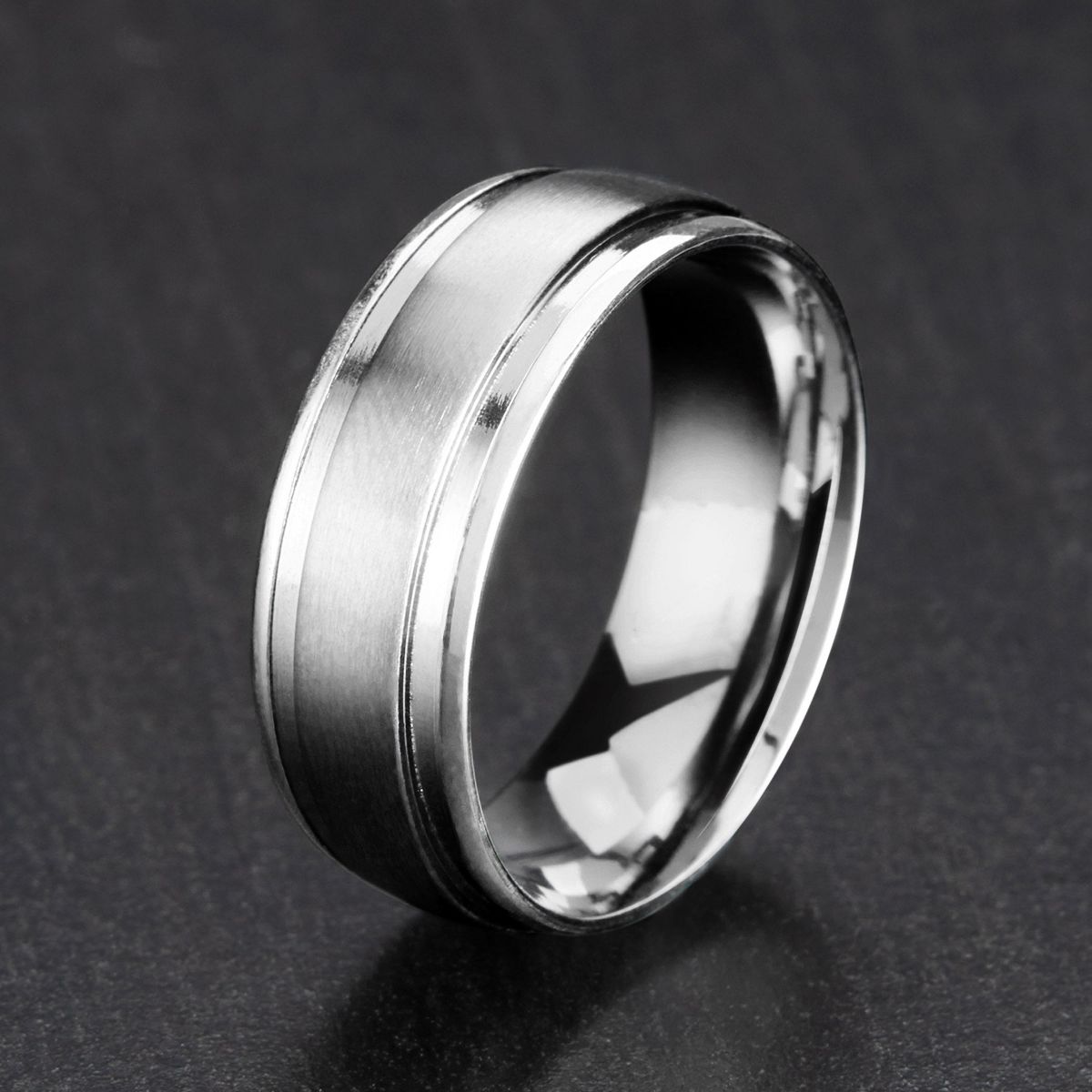 West Coast Jewelry Men's Dual Finish Grooved Stainless Steel Ring (8mm) - thumbnail 3