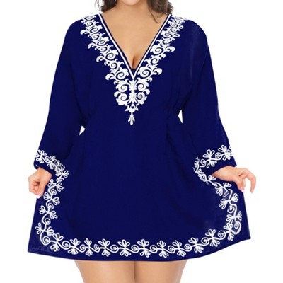 LA LEELA women's Vacation Casual Swim Holiday Beachwear Summer Short Beach Dress Holiday Swimsuit Cover ups Medium-Large Blue, Solid