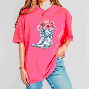 Simply Sage Market Cowboy Boots Floral Garment Dyed Tee - 1 of 4