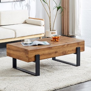 MDF Top Wide Coffee Table Natural Wood Tone With Metal Legs Industrial Modern Steel For Living Room Outdoor, Wood - 1 of 4
