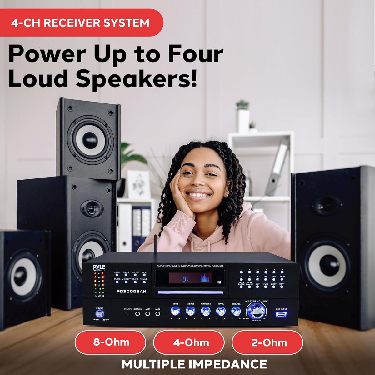 Pyle 4-Channel Bluetooth Home Theater Amplifier with CD/DVD Player (PD3000BAH) - thumbnail 3