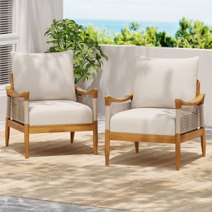 Christopher Knight Home Amos Outdoor Woven Rope Acacia Wood Club Chair with Thick Cushion (Set of 2) - 1 of 4
