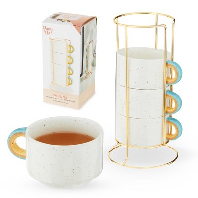Pinky Up Arc Mugs, Stacking Speckled Ceramic Coffee Cups with Cute Rainbow Handles and Rose Gold Metal Stand, 10 oz, Set of 4, Beige