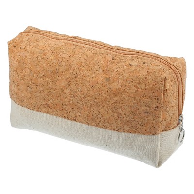 Unique Bargains Canvas Portable Travel Wood Grain Pattern Makeup Bag 7.80"x2.36"x5.51" Beige 1 Pc