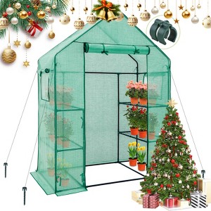 EAGLE PEAK Walk in 3-Tier Greenhouse with Wire Shelves, Portable Green House with 4 Shelves, Clear/Green PE Cover - 1 of 4