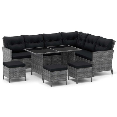 Tangkula Set of 7 Dining Furniture Set PE Rattan Sectional Sofa Set Patio Black
