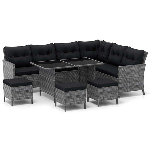 Tangkula Set of 7 Dining Furniture Set PE Rattan Sectional Sofa Set Patio Black - 1 of 4