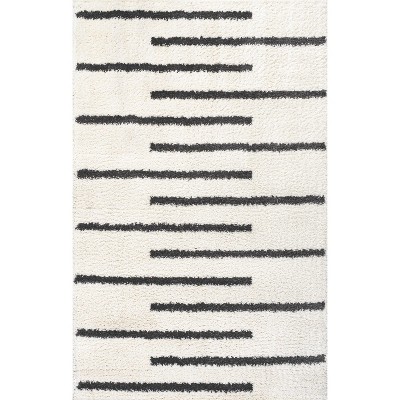 Alaro White and Gray Striped Shag Area Rug