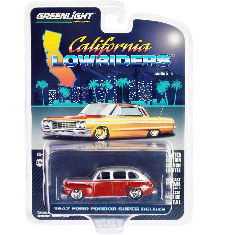 1947 Ford Fordor Super Deluxe Lowrider Red and Silver Metallic "California Lowriders" 1/64 Diecast Model Car by Greenlight, 3 of 4