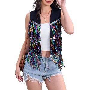 Whizmax Women's Sequin Fringe Vest 70s Denim Party Prom Rave Hippie Sleeveless Loose Costume - 1 of 4