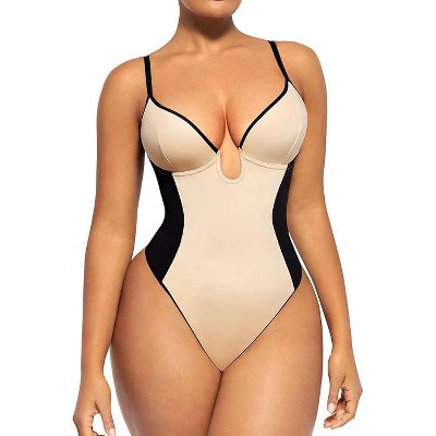 SHAPELLX Shapewear Bodysuit for Women Thong Backless Body Shaper Tummy Control U Plunge Strapless Top Corset Bodysuit—Beige 38