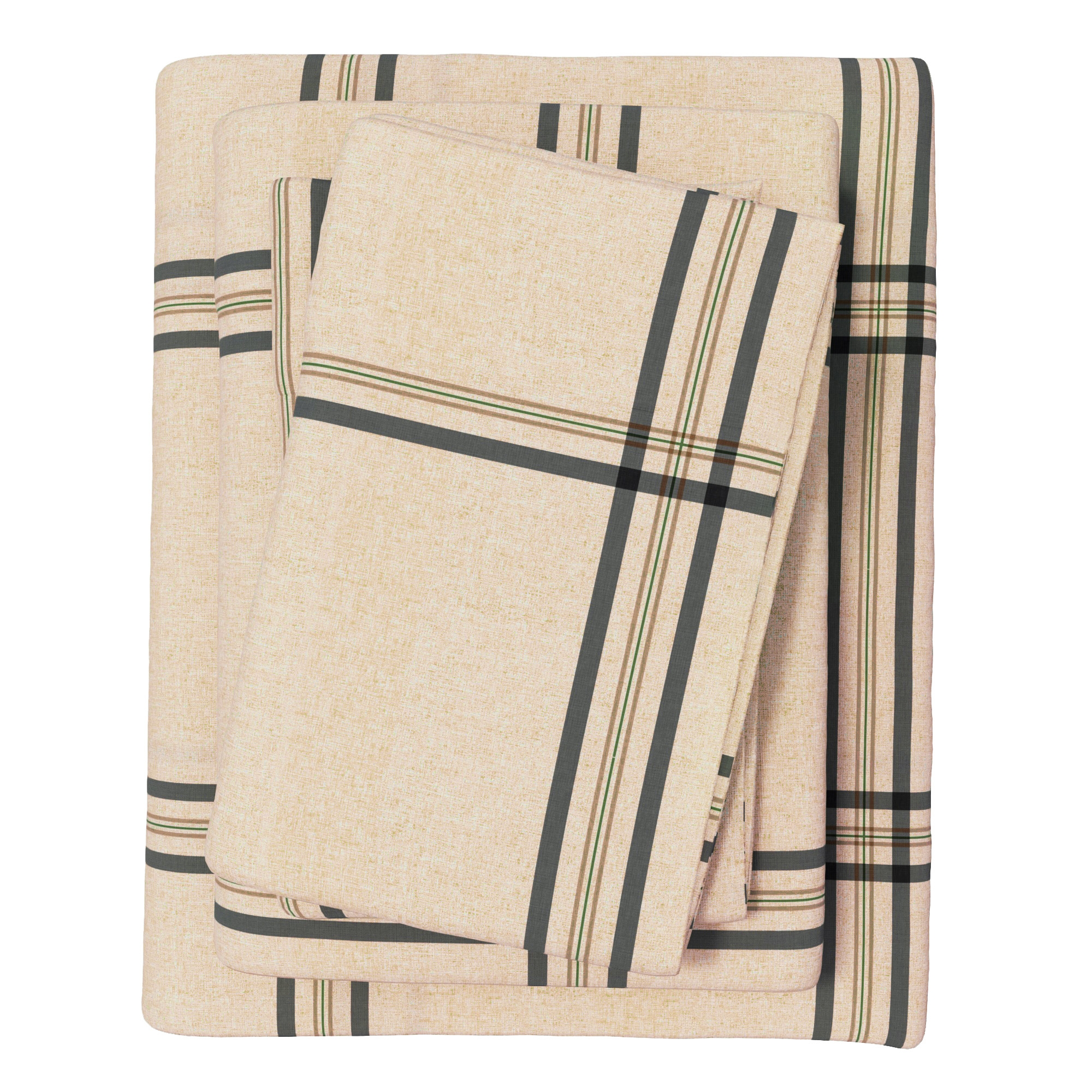 100% Cotton Plaid & Stripe Flannel Sheet Set - Great Bay Home (Queen, Wide Plaid Blue & Tan)