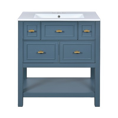 Vynxaria 30 inch Blue Single Sink Freestanding Bath Vanity with White Ceramic Top Five Full Extension Drawers One Adjustable Shelf Gold Metal Knobs