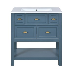 Vynxaria 30 inch Blue Single Sink Freestanding Bath Vanity with White Ceramic Top Five Full Extension Drawers One Adjustable Shelf Gold Metal Knobs - 1 of 4