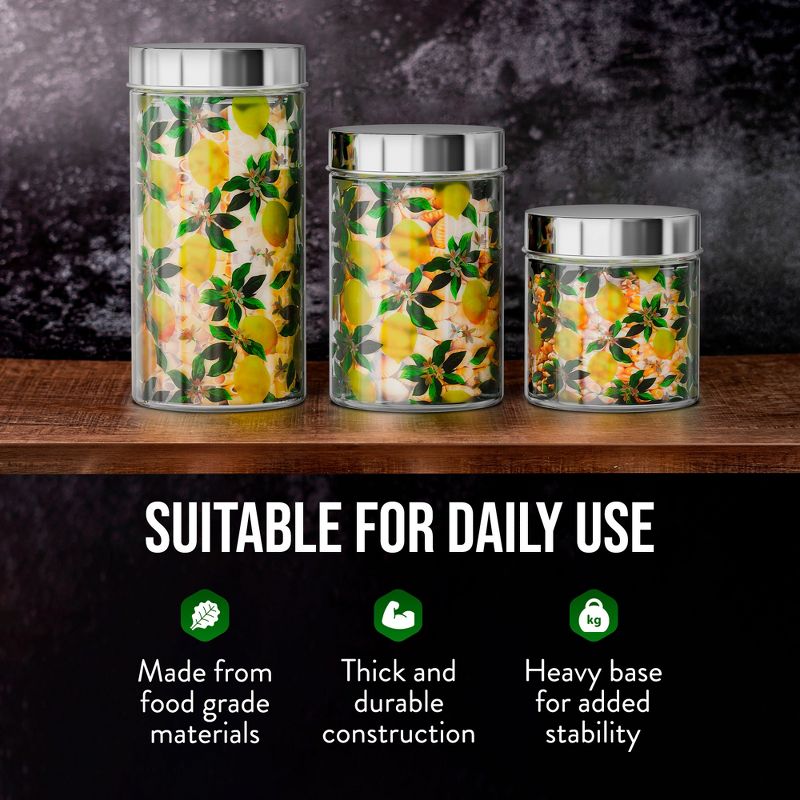 American Atelier Glass Set of 3 Jars, Lemon Design Airtight Metal Lid Food Storage Containers, 30, 44, and 59-Ounce Capacity, Dishwasher Safe, 5 of 8