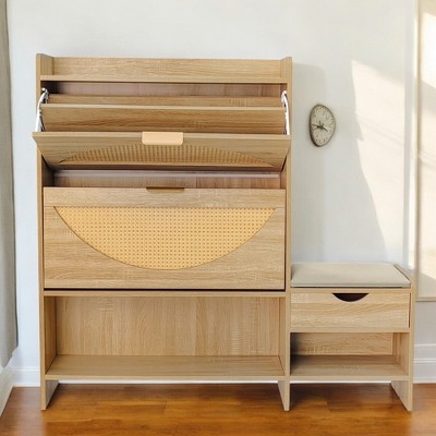 47.2" Shoe Storage Cabinet with Rattan Doors, 2 Flip Drawers, Storage Drawer, and Bench, Adjustable Shelves,Linen Upholstered Seat– Light Brown