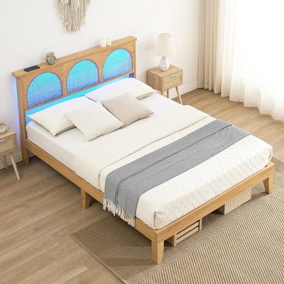 Whizmax Bed Frame with Natural Rattan Headboard, Platform Bed Frame with Storage Headboard, Mattress Foundation,Noise-Free,No Box Spring Needed