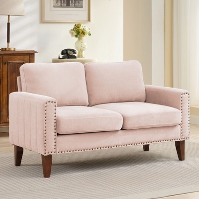 Hyleory 57.48'' Upholstered Linen Nailhead Loveseat Sofa with Solid Wood Legs