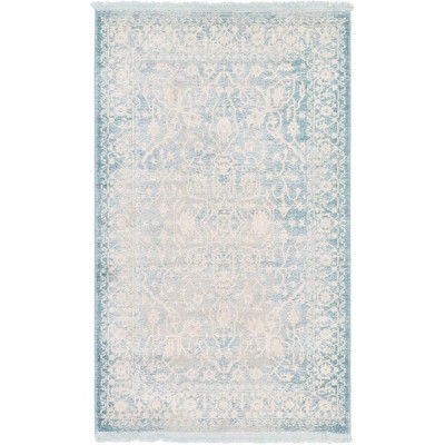 Light Blue and Ivory Abstract Stain-Resistant Rectangular Rug