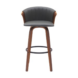 HomeRoots 30" Gray And Wood Brown Faux Leather Swivel Bar Height Bar Chair - 1 of 4