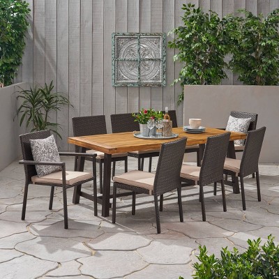 Calais 9pc Wood and Wicker Dining Set  Brown - Christopher Knight Home