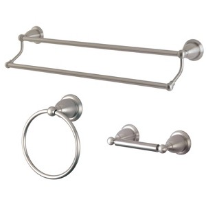 3pc Traditional Solid Brass Satin Nickel Double Towel Bar Bath Accessory Set - Kingston Brass: Includes Toilet Tissue Holder, Towel Ring - 1 of 2