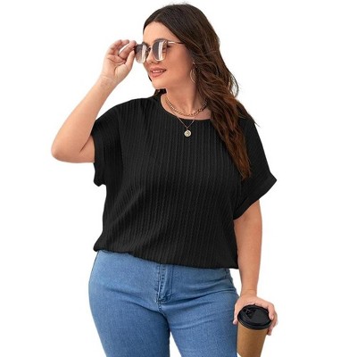 Womens Summer Tops Casual Solid Color Vertical Bat Sleeve Loose Short Sleeve Large Size T-Shirt