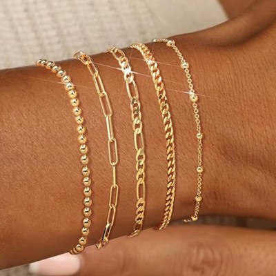 BRINJOY 14K Gold Plated Stackable Bracelet Set - 5 Pieces Adjustable Paperclip Cuban Chain Multi-Layer Waterproof Jewelry Gift for Women