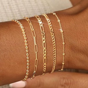 BRINJOY 14K Gold Plated Stackable Bracelet Set - 5 Pieces Adjustable Paperclip Cuban Chain Multi-Layer Waterproof Jewelry Gift for Women - 1 of 4