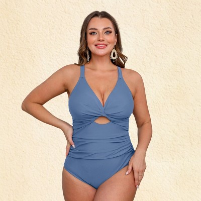 Women's Plus Size Twist Front Cutout Ruched Back Tie One Piece Swimsuit -Cupshe