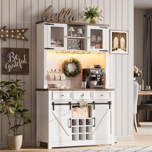 Farmhouse 72'' Coffee Bar Cabinet with LED Light and Power Outlet, Kitchen Hutch with 3 Drawers and Wine Glass Rack, Sliding Barn Door Wine Cabinet - 1 of 4