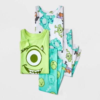 Toddler Boys' 4pc Monsters Inc Cotton Long Sleeve Pajama Set - Green/Gray/Teal Blue