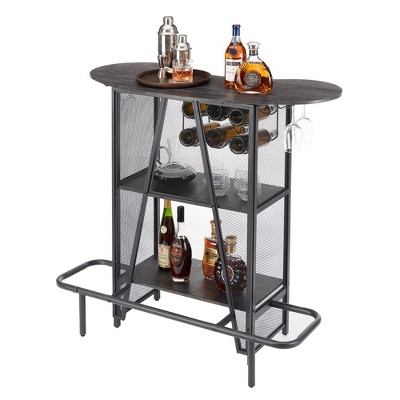 VECELO 3-Tier Bar Unit with Metal Mesh Front, Wine Storage Rack with Glasses Holder, Liquor Cabinet with Footrest Rail, Cement Gray